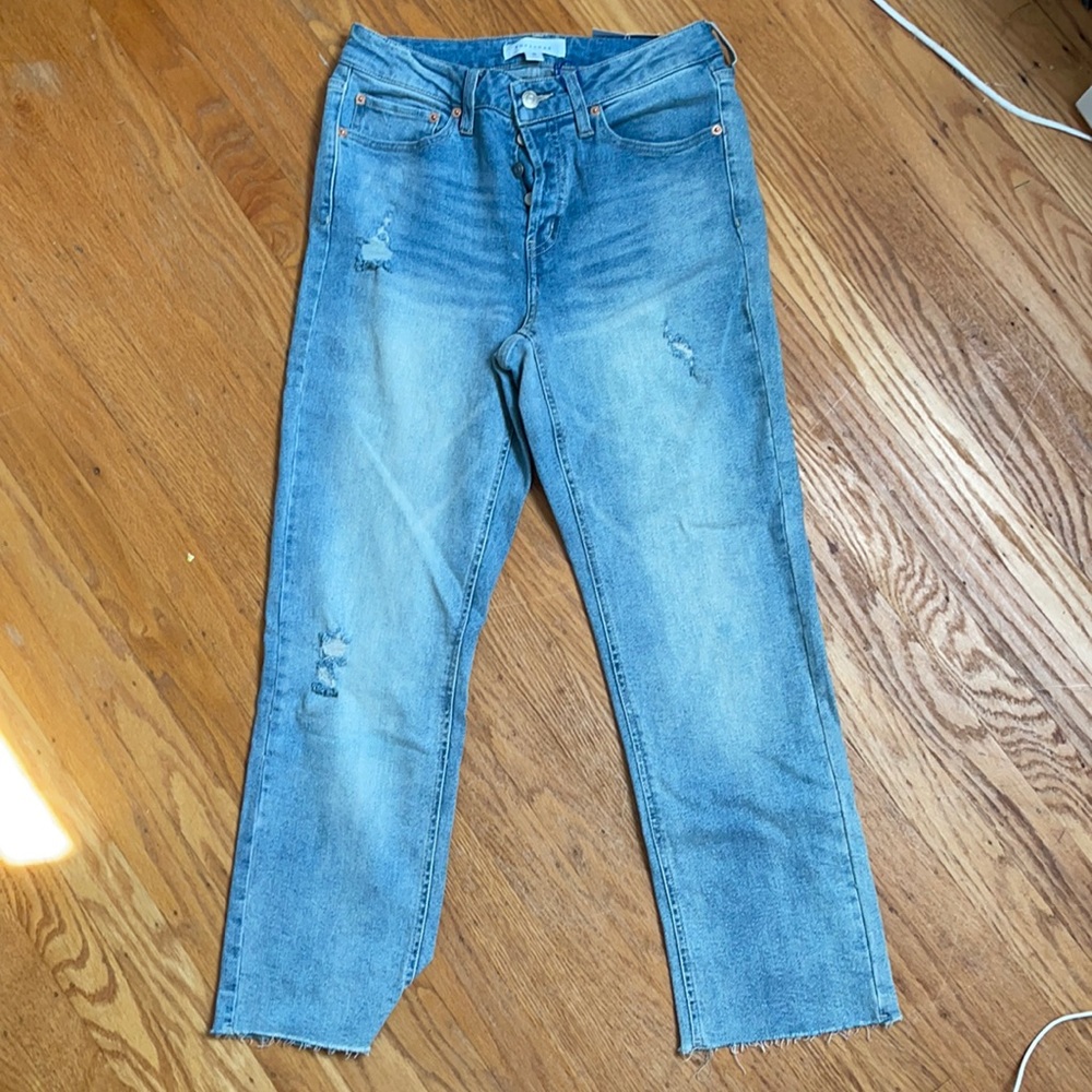Popsugar “Hi and Bye” Embroidered Mid Rise Straight leg jeans. ***NEW***